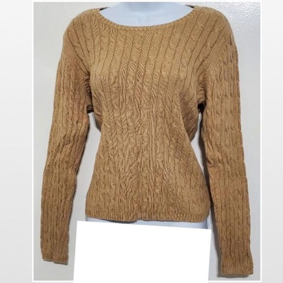Petite Large Classic Ribbed Cable Knit Tan Sweater - Picture 2 of 14